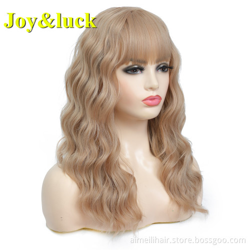 Wholesale Wigs With Bangs Brown Color Machine Made Finger Wave Ladies Hairstyle Natural Water Wave Party Cosplay Synthetic Wigs